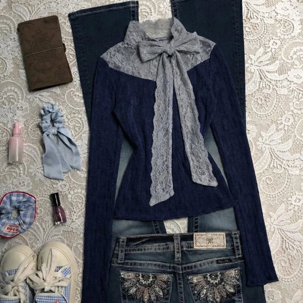 Dark Blue Lace Patchwork Bow Undershirt Women's S… - image 2